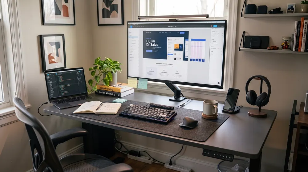 Desk with a monitor showing a website design in progress, a laptop with code and design books